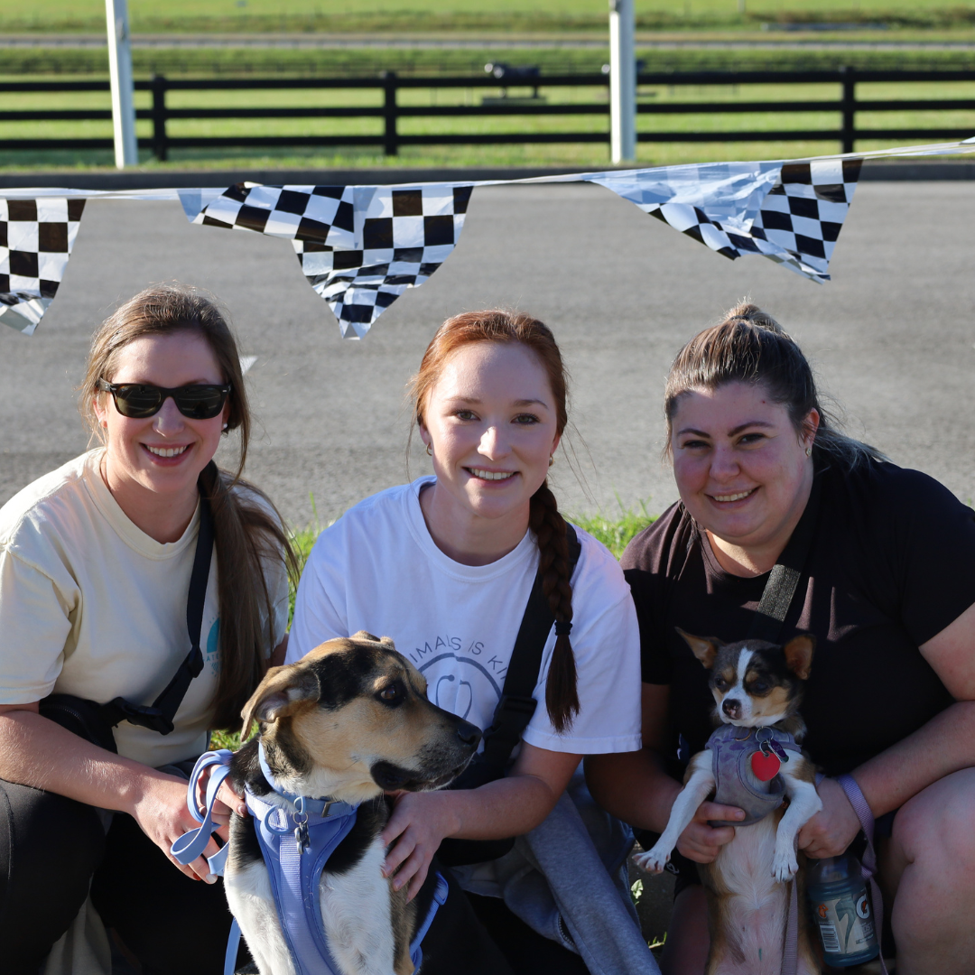 three students and 2 dogs smiling at the camera