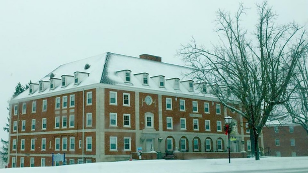 Outside image of LP Hall with snow
