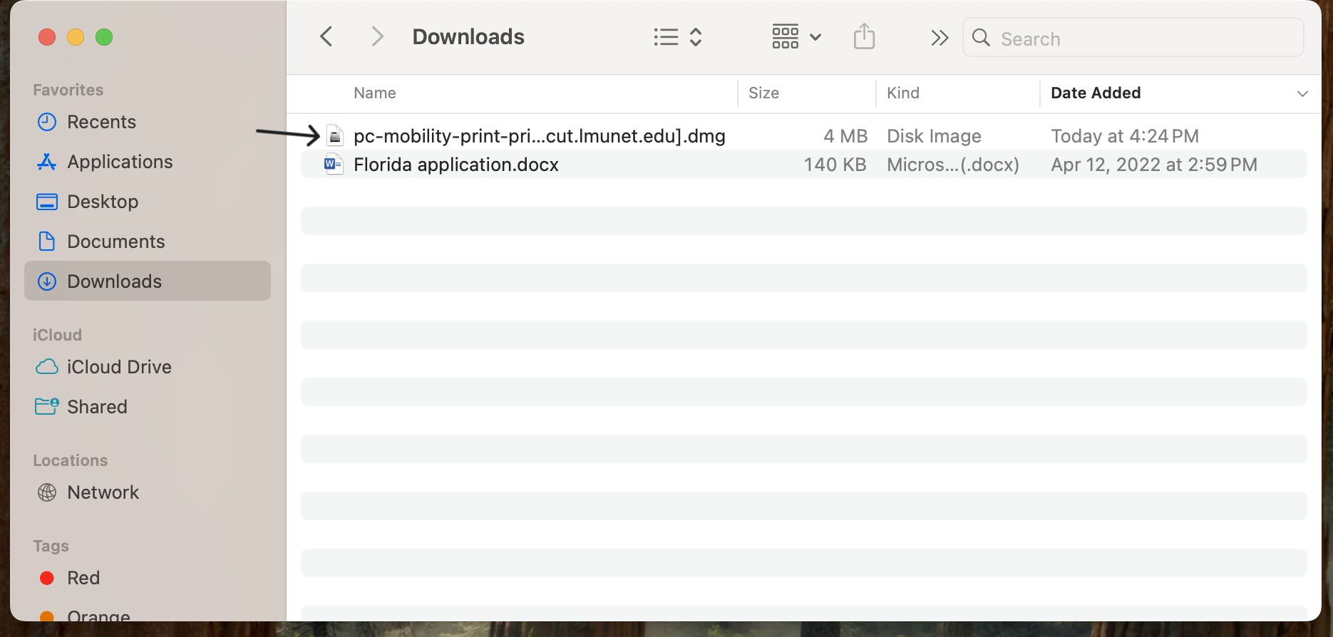 Downloads folder on a Mac computer with an arrow pointing to the file named pc-mobility-print-pri...cut.lmunet.edu].dmg