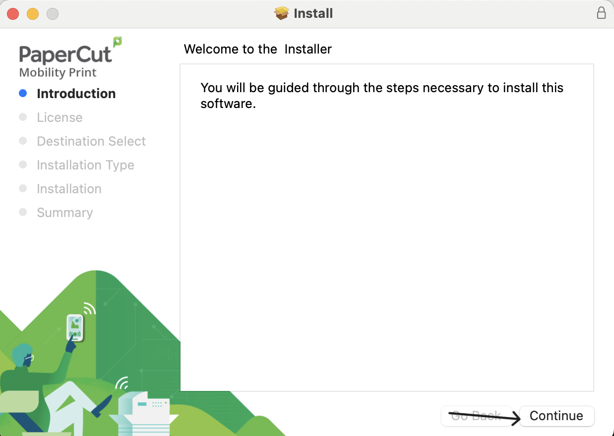 PaperCut Mobility Print Introduction screen with an arrow pointing to the Continue button