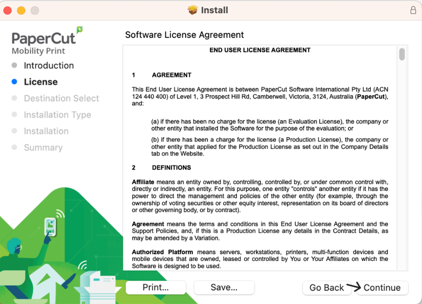 PaperCut Mobility Print License screen showing the End User License Agreement and an arrow pointing to the Continue button