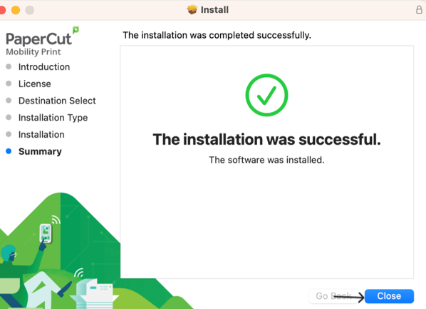 PaperCut Mobility Print Summary screen with an arrow pointing to the Close button