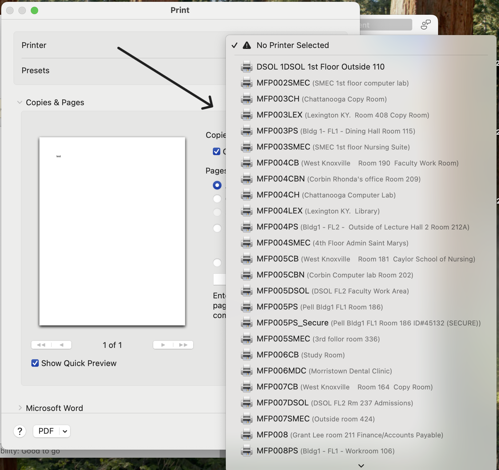 Mac computer Print window showing available network printers