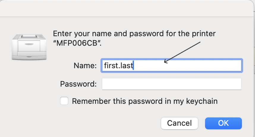 Username and password screen for print server login with an arrow pointing to the username box