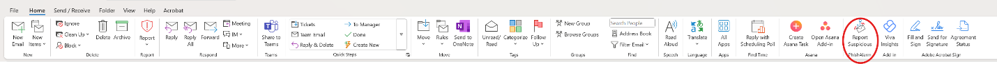 Microsoft Outlook ribbon showing the Report Suspicious Email Button circled in red