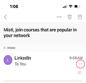 Three dot menu circled in red in the Microsoft Outlook phone application