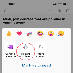 Report Suspicious Email Button circled in red in the Microsoft Outlook phone application