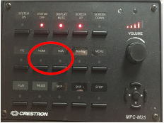 image of podium controls directing you to use the VGA or HDMI buttons when laptop is connected
