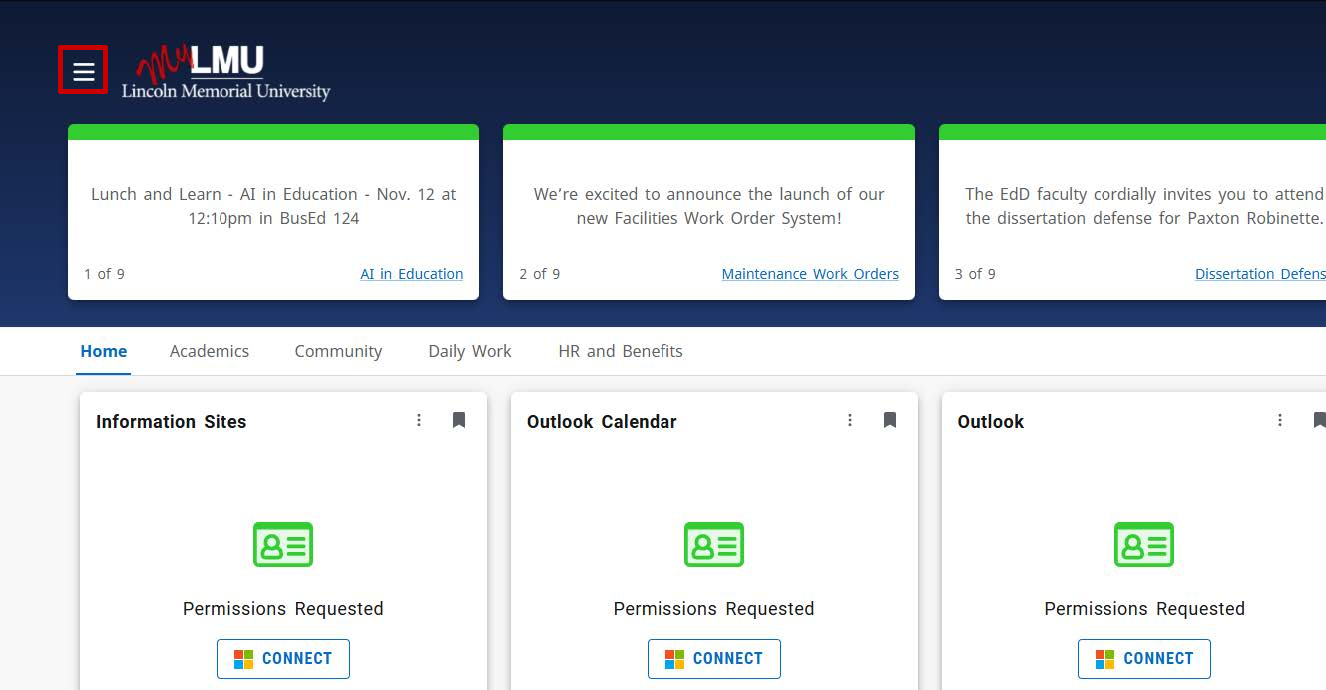 MyLMU dashboard with the hamburger menu highlighted in red