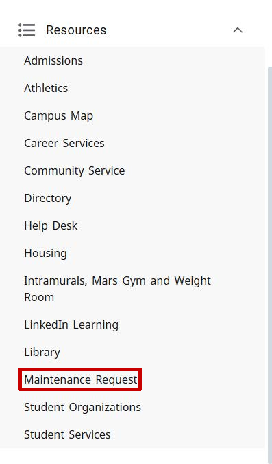 MyLMU Resources menu expanded with the link for Maintenance Request highlighted in red
