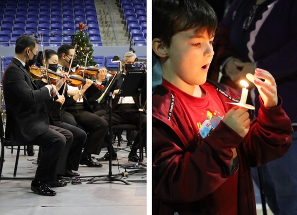 Left photo is musicians with the Knoxville Symphony Chamber Orchestra. Right photo is young boy holding a candle.