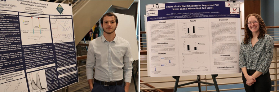 Left photo is male student with his winning poster. Right photo is female student with her winning poster.