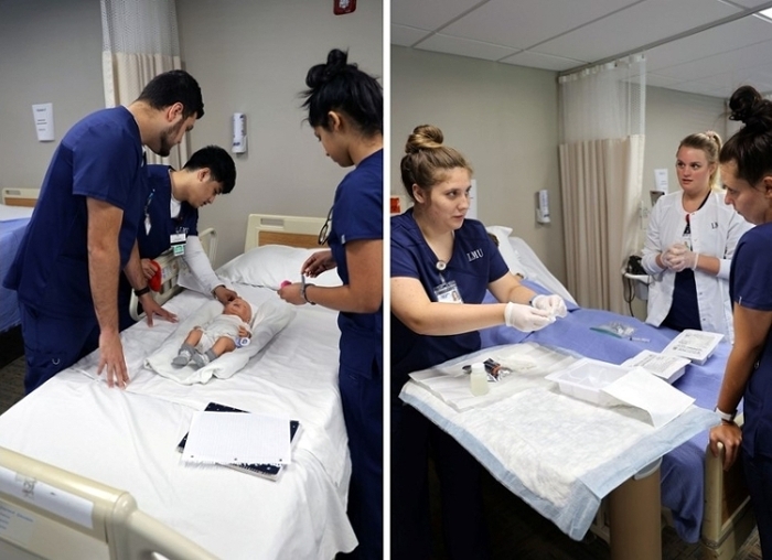 Nursing students work on mannequins in a clinical lab setting.