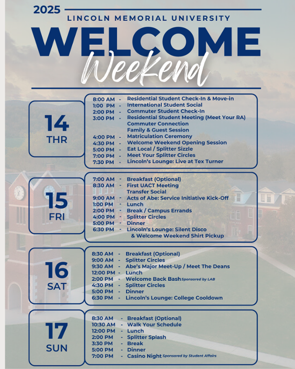 A four-day schedule graphic for Lincoln Memorial University’s 2025 Welcome Weekend, listing events from Thursday, August 14 through Sunday, August 17. Each day is organized in a blue-outlined box with the date, day of the week, and a list of activities with times.  Thursday, August 14: Events include Residential Student Check-In & Move-in (8:00 AM), International Student Social (1:00 PM), Commuter Student Check-In (2:00 PM), meetings and sessions for students and families (3:00 PM), Matriculation Ceremony (4:00 PM), Welcome Weekend Opening Session (4:30 PM), Eat Local / Splitter Sizzle (5:00 PM), Splitter Circles (7:00 PM), and Lincoln’s Lounge: Live at Tex Turner (7:30 PM).  Friday, August 15: Begins with optional breakfast (7:00 AM), UACT meeting (8:30 AM), Transfer Social, Acts of Abe service initiative (9:00 AM), lunch (1:00 PM), break or campus errands (2:00 PM), Splitter Circles (4:00 PM), dinner (5:00 PM), and Lincoln’s Lounge: Silent Disco & Welcome Weekend Shirt Pickup (6:30 PM).  Saturday, August 16
