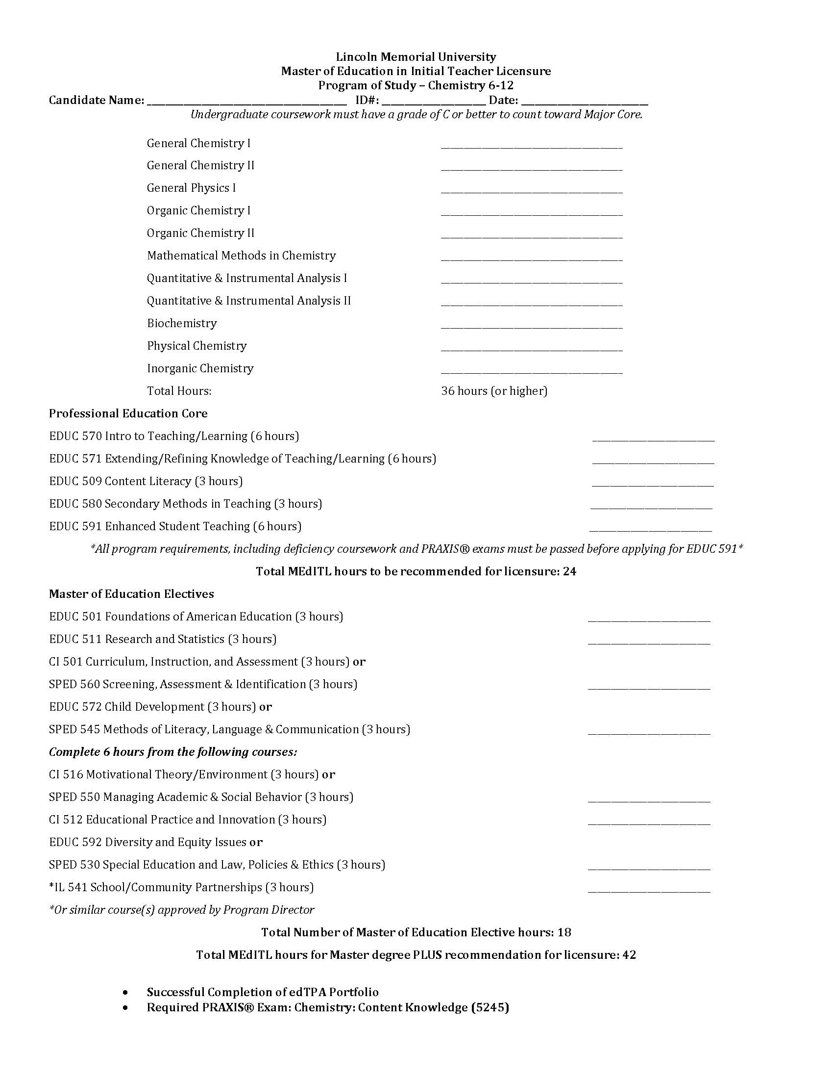 Chemistry Program of Study