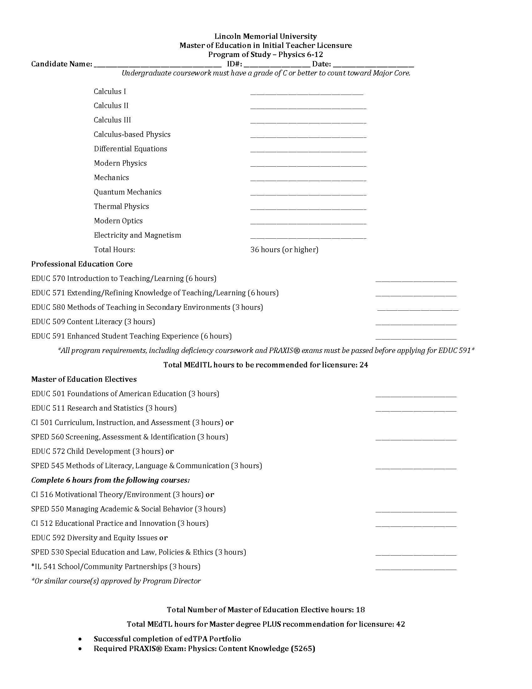 Physics Program of Study