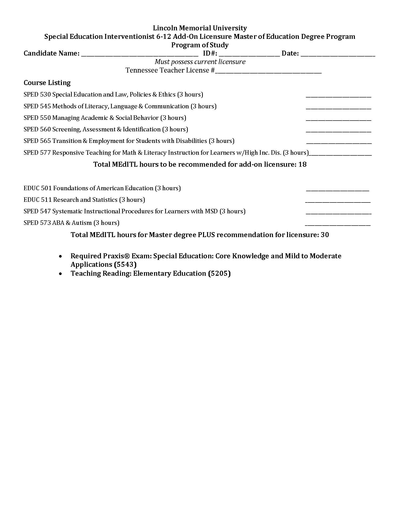 SPED Interventionist 6-12 Add-On Program of Study