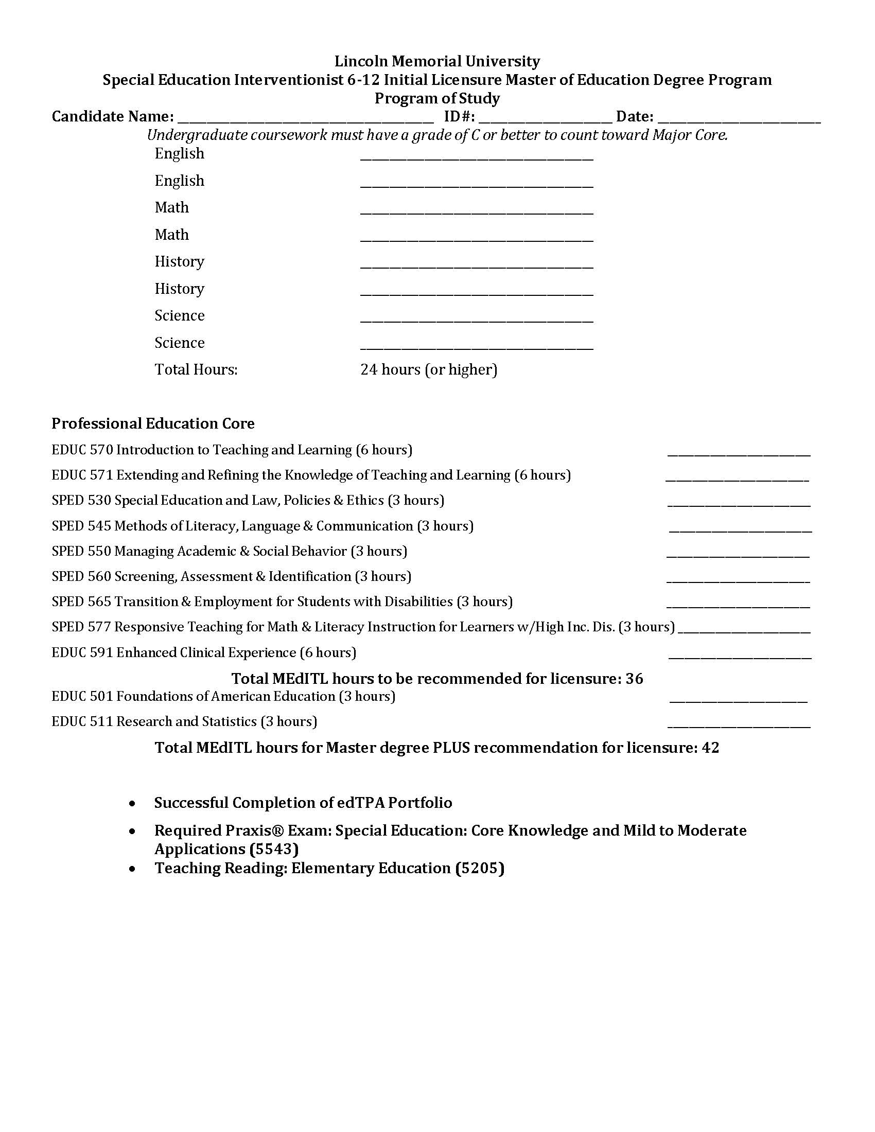 SPED Interventionist 6-12 Program of Study