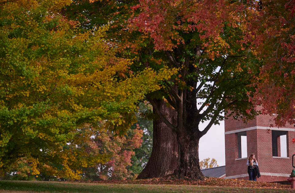 A student walking near the clock tower.