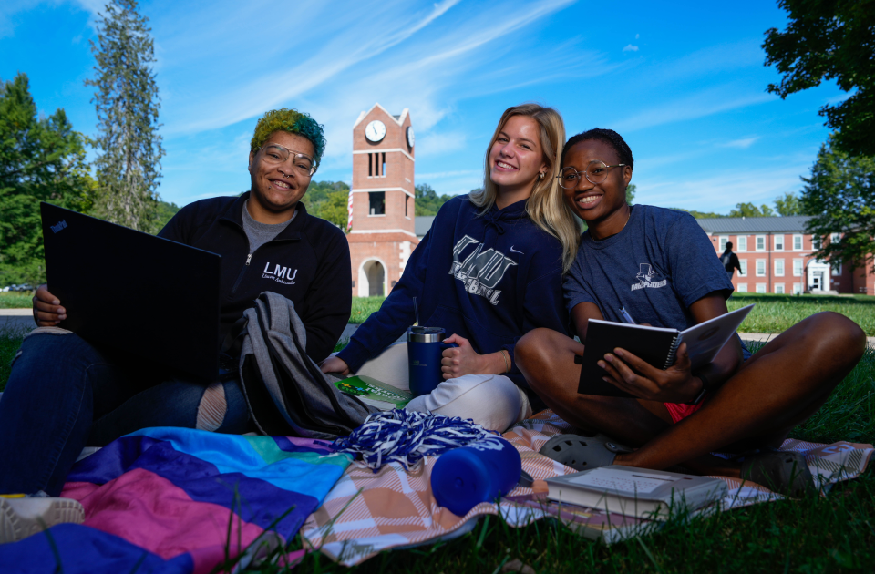 Students studying on a picnic blanket.