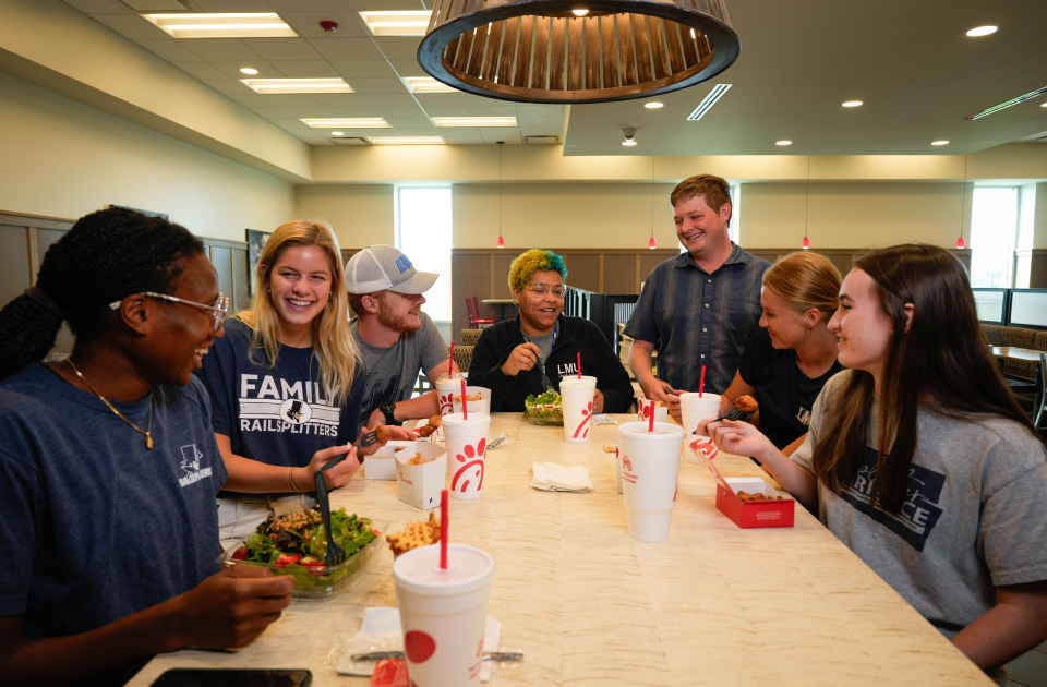 A picture of students dining at Chick-fil-A.