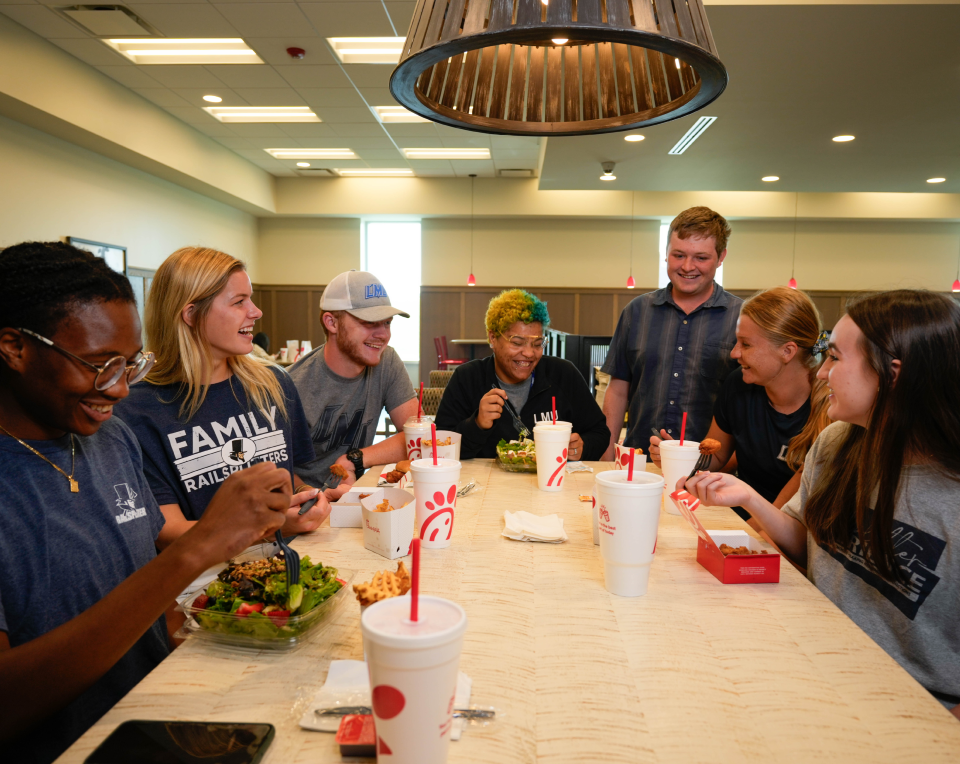 Students having lunch together at Chick-fil-A.